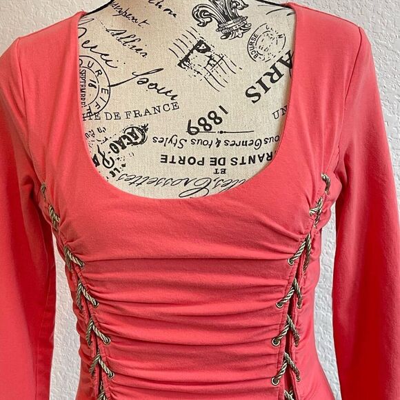 Boston Proper Top XS Coral 3/4 sleeve ruched Front Tie Style Contemporary Chic - Picture 3 of 10